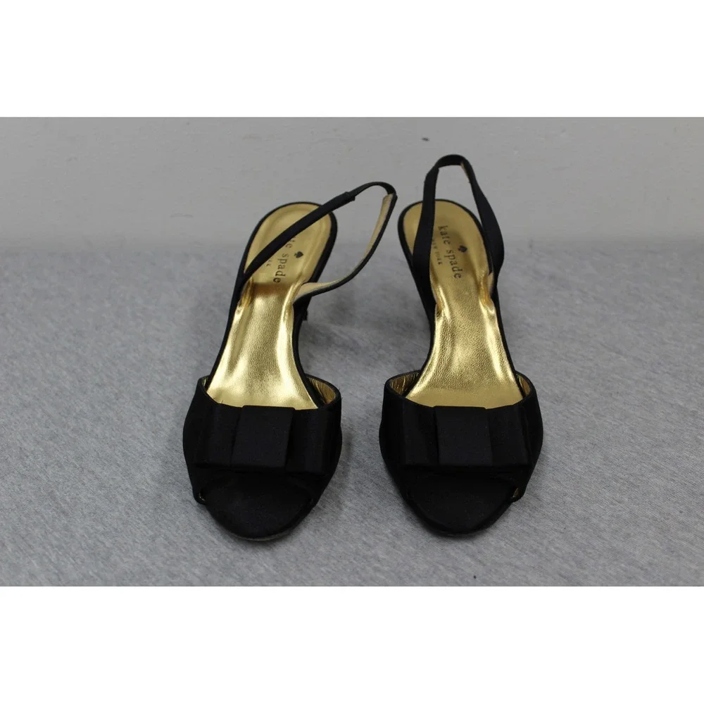 Kate Spade Heels Womens 6.5 Black Satin Peep Toe Bow Slingback Kitten Heel Italy
